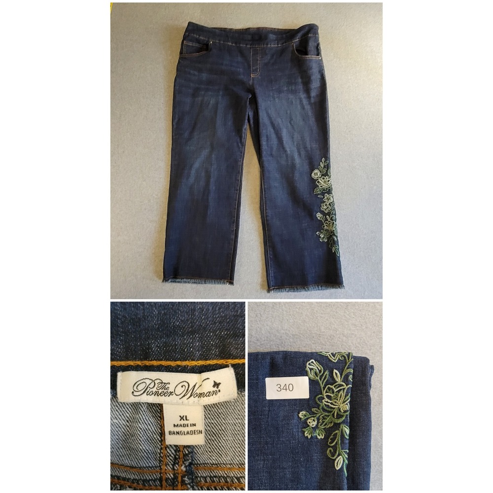The Pioneer Woman Embroidered Floral Pull On Crop Jeans Dark Wash Stretch XL